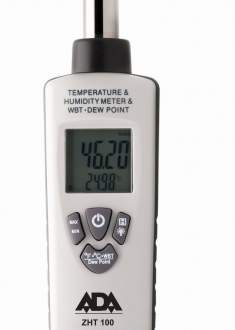Измеритель влажности и температуры ADA ZHT 100 (США) Измеритель влажности и температуры ADA ZHT 100-портативный прибор, предназначенный для оперативного контроля влажности и температуры воздуха, отличается очень высокой точностью измерений. Дополнительно определяет точку росы и влажностную температуру, а также показывает max и min значения температуры и влажности из серии замеров, сохраненных в памяти.